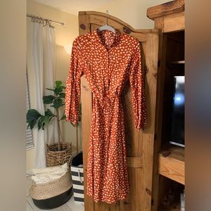 Orange button down, belted dress. Size small